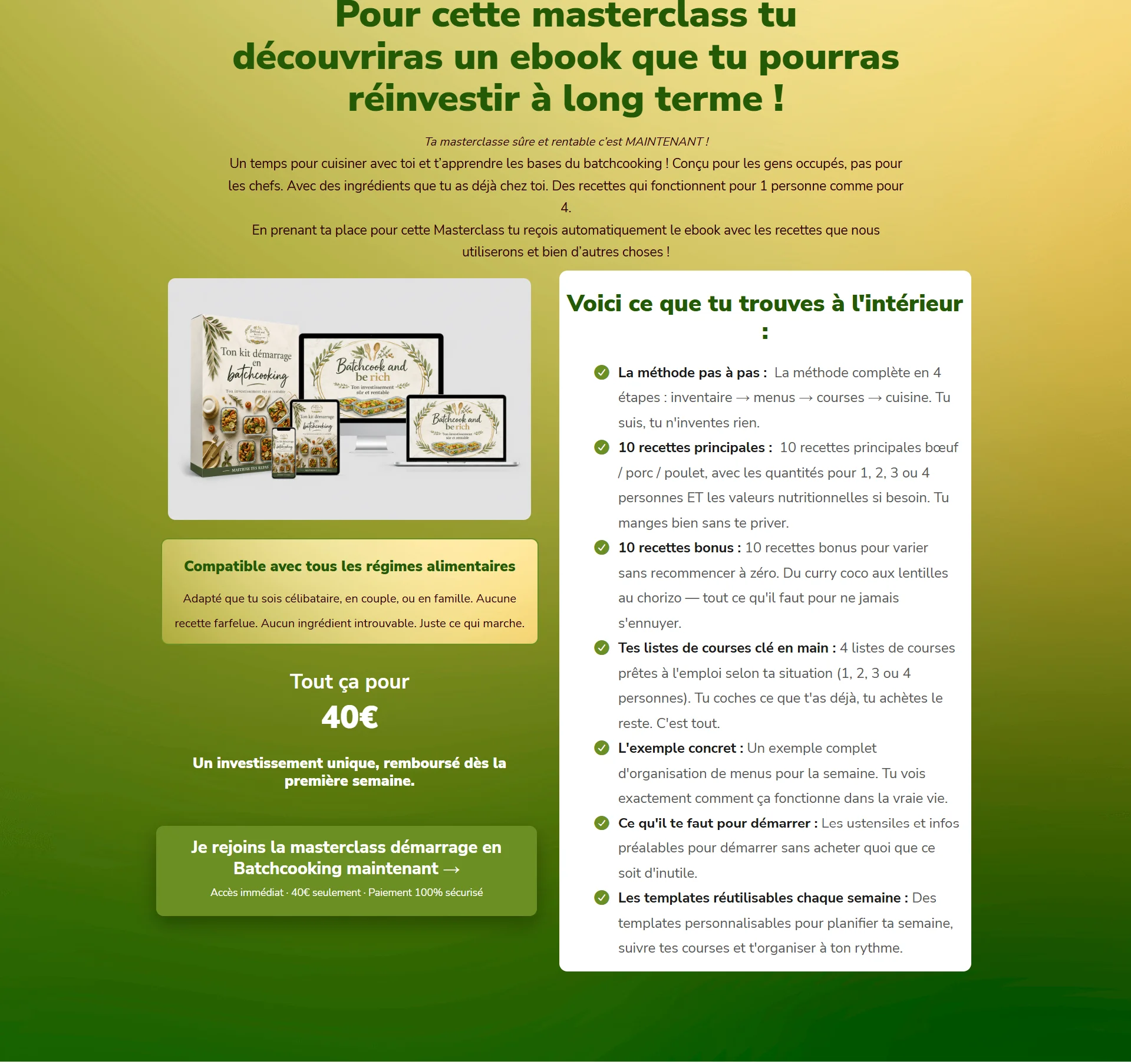 Bloc d'offre de la Masterclass Démarrage en Batchcooking