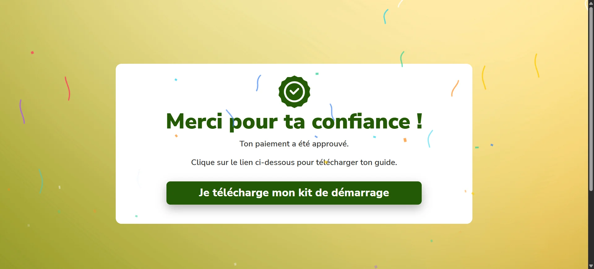 Page de remerciement après paiement
