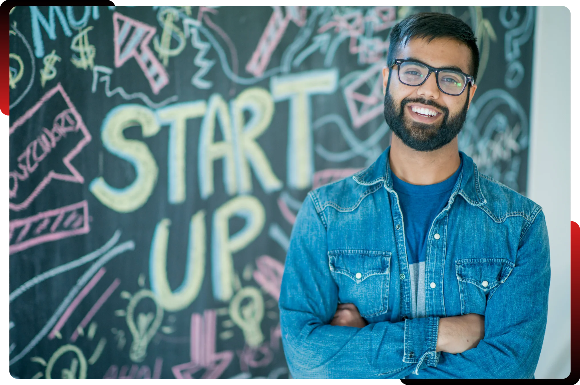 Entrepreneur souriant devant un tableau noir couvert d'idées
