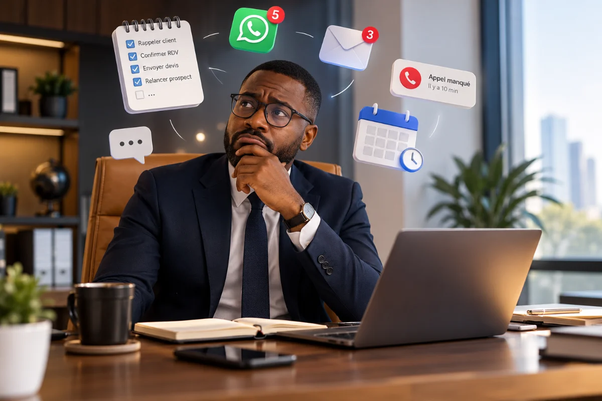 Entrepreneur submergé par les messages, appels manqués et tâches à gérer